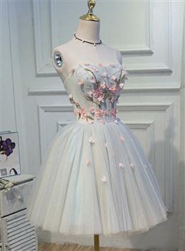 Picture of Light Blue Tulle Floral Short Sweetheart Homecoming Dresses, Blue Prom Dresses